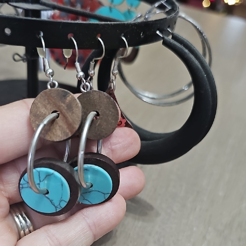 Paparazzi Turquoise and Wood Hoop Earrings